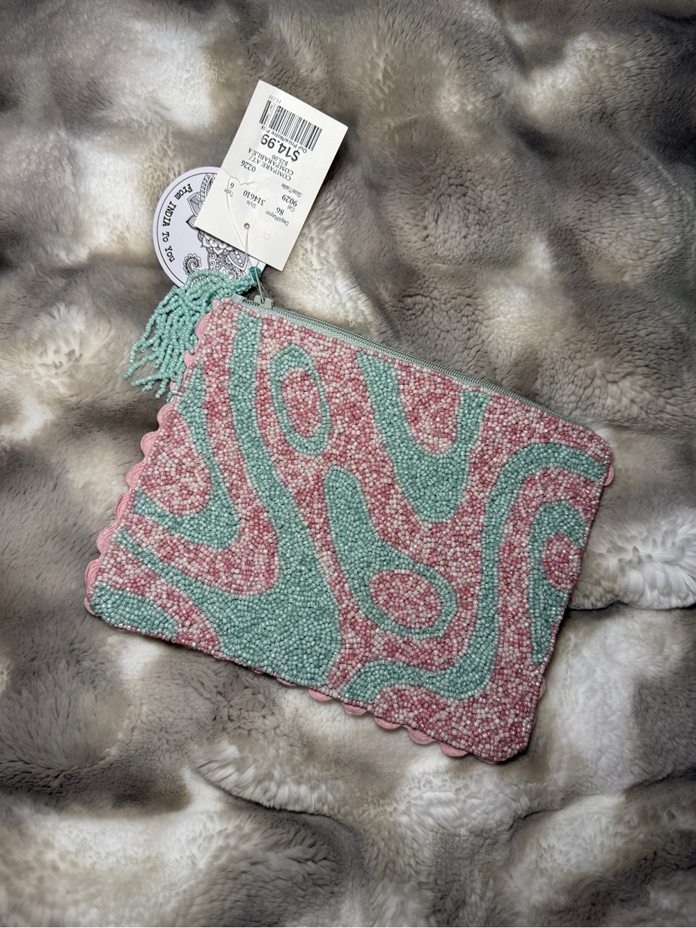 Beaded Swirl Pattern Wristlet Pouch - Pink & Mint